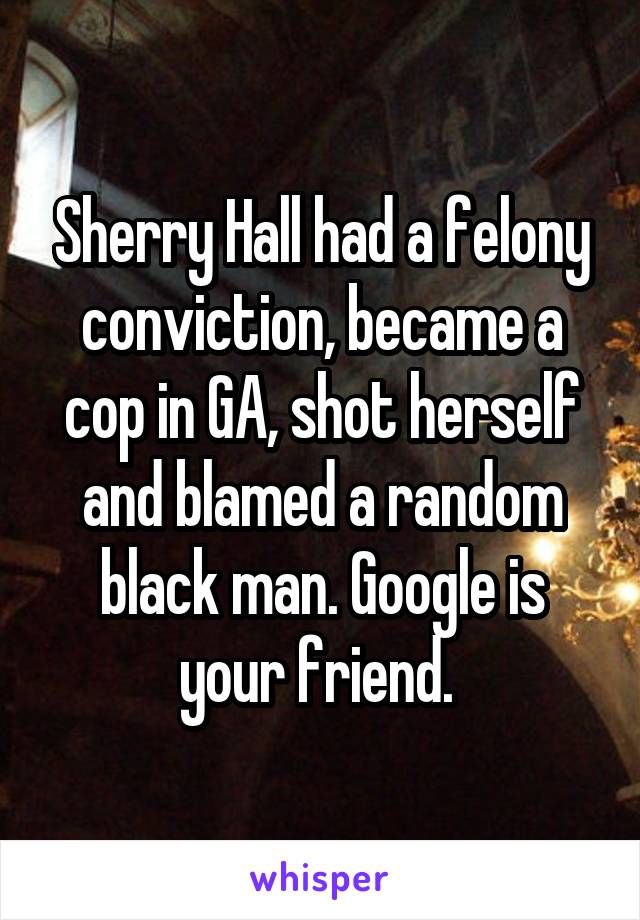 Sherry Hall had a felony conviction, became a cop in GA, shot herself and blamed a random black man. Google is your friend. 