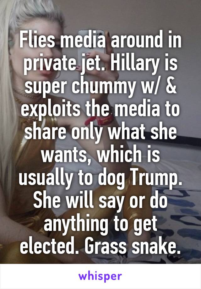 Flies media around in private jet. Hillary is super chummy w/ & exploits the media to share only what she wants, which is usually to dog Trump. She will say or do anything to get elected. Grass snake.