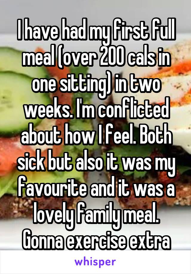 I have had my first full meal (over 200 cals in one sitting) in two weeks. I'm conflicted about how I feel. Both sick but also it was my favourite and it was a lovely family meal.
Gonna exercise extra