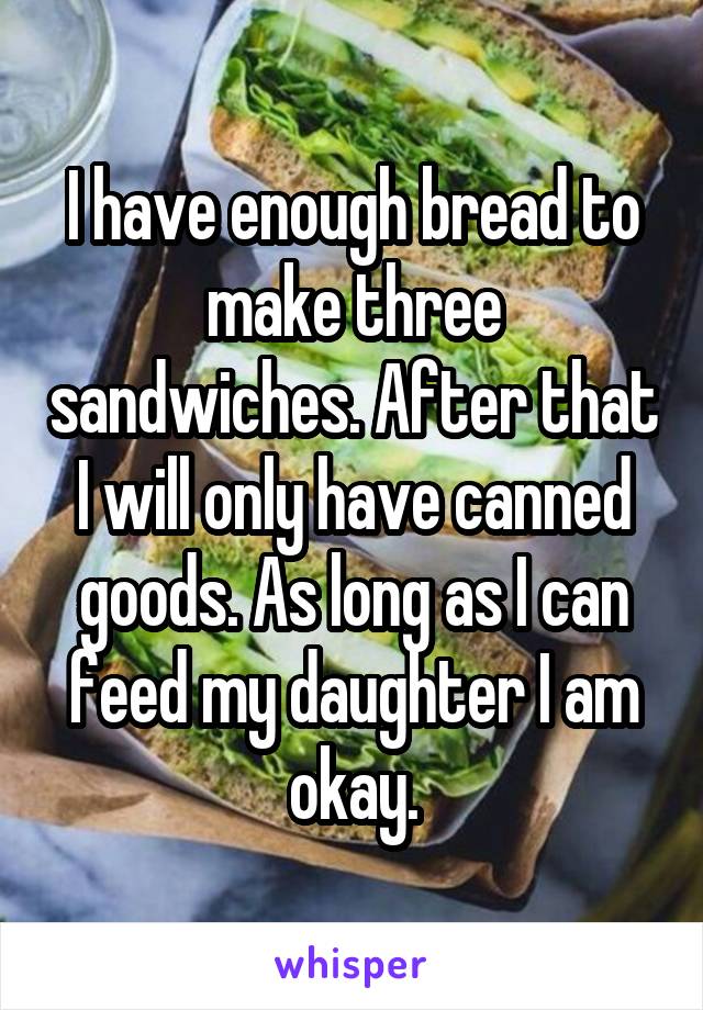 I have enough bread to make three sandwiches. After that I will only have canned goods. As long as I can feed my daughter I am okay.