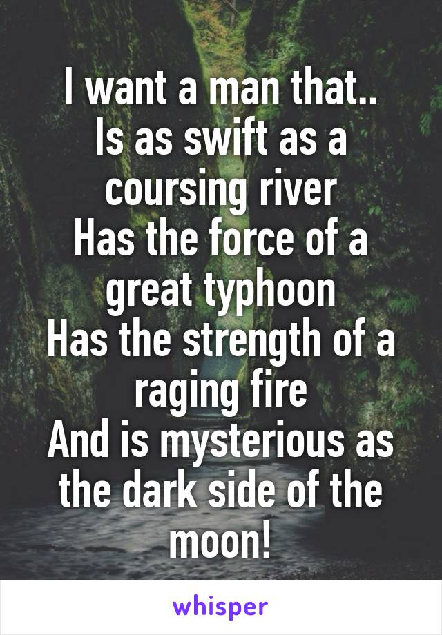I want a man that..
Is as swift as a coursing river
Has the force of a great typhoon
Has the strength of a raging fire
And is mysterious as the dark side of the moon!