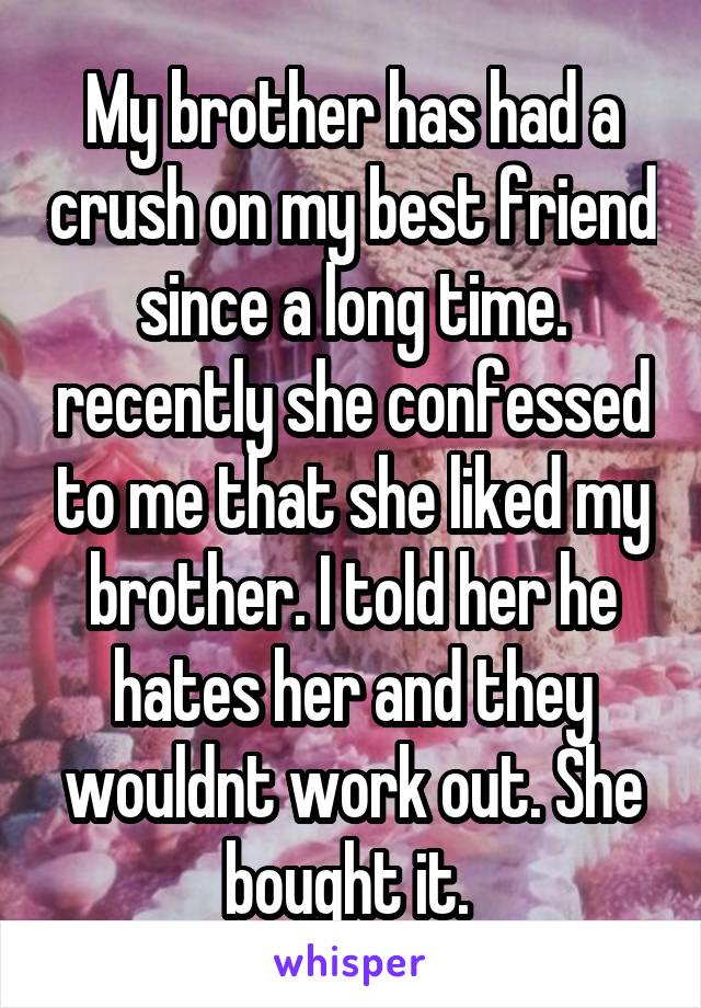 My brother has had a crush on my best friend since a long time. recently she confessed to me that she liked my brother. I told her he hates her and they wouldnt work out. She bought it. 