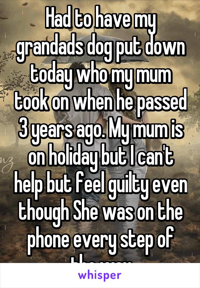 Had to have my grandads dog put down today who my mum took on when he passed 3 years ago. My mum is on holiday but I can't help but feel guilty even though She was on the phone every step of the way
