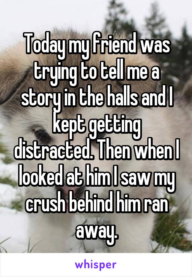 Today my friend was trying to tell me a story in the halls and I kept getting distracted. Then when I looked at him I saw my crush behind him ran away.