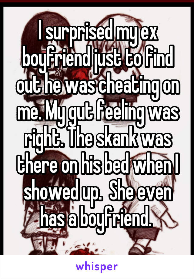 I surprised my ex boyfriend just to find out he was cheating on me. My gut feeling was right. The skank was there on his bed when I showed up.  She even has a boyfriend. 
