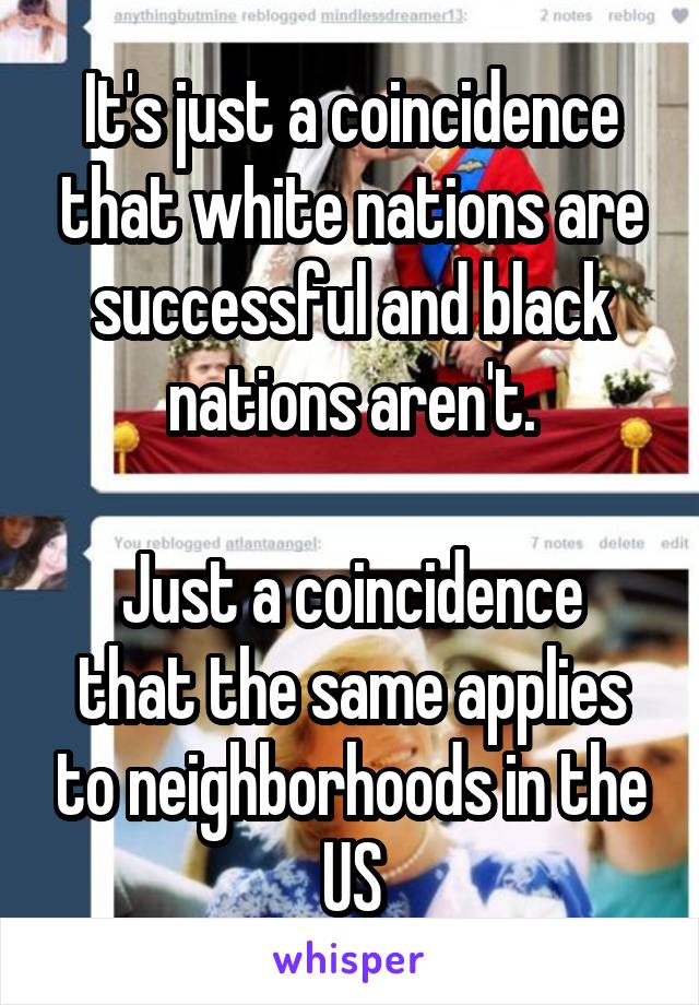 It's just a coincidence that white nations are successful and black nations aren't.

Just a coincidence that the same applies to neighborhoods in the US