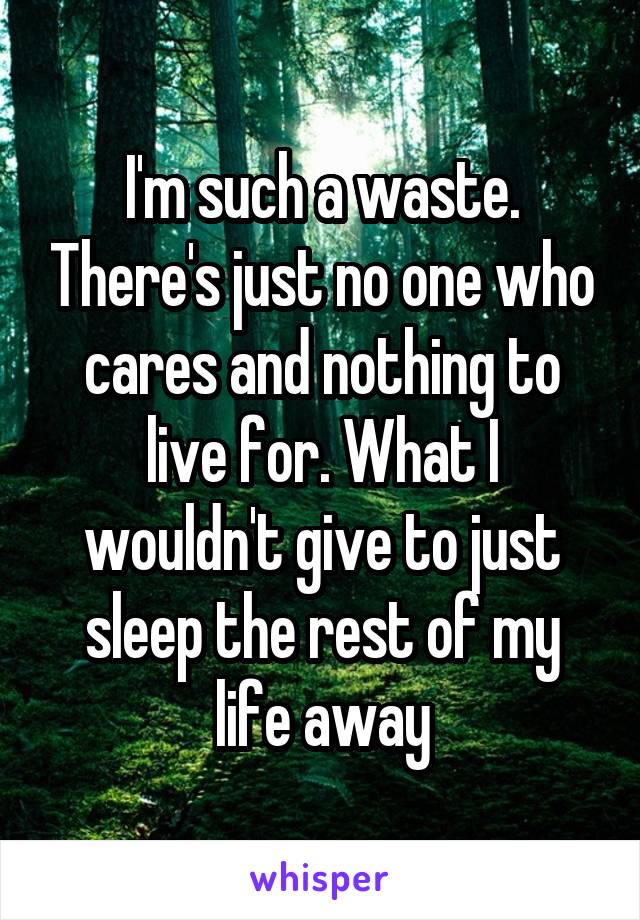 I'm such a waste. There's just no one who cares and nothing to live for. What I wouldn't give to just sleep the rest of my life away