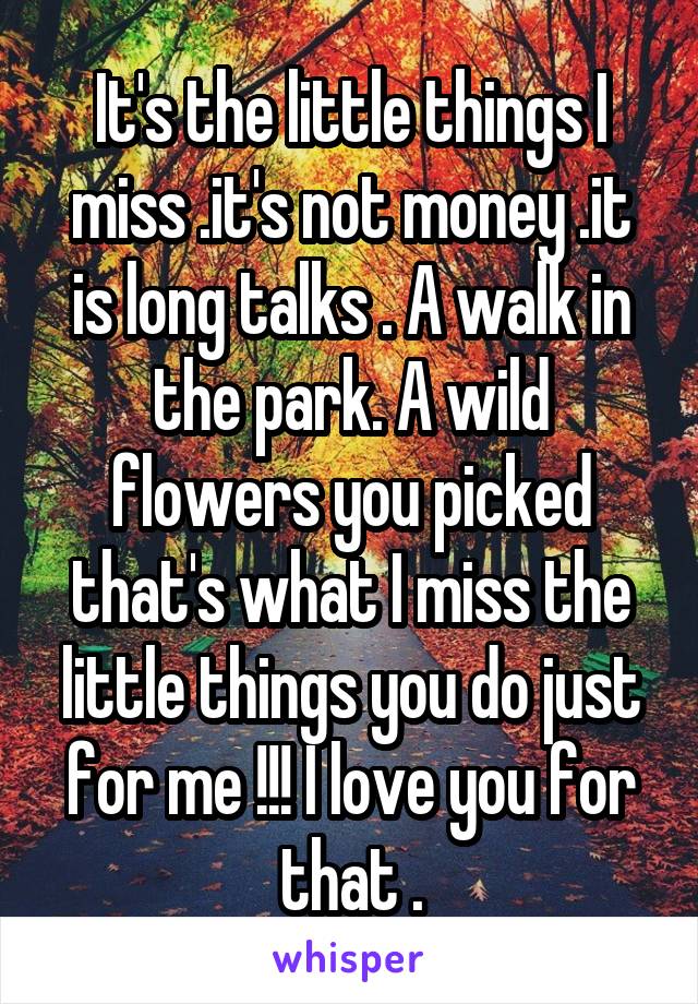 It's the little things I miss .it's not money .it is long talks . A walk in the park. A wild flowers you picked that's what I miss the little things you do just for me !!! I love you for that .