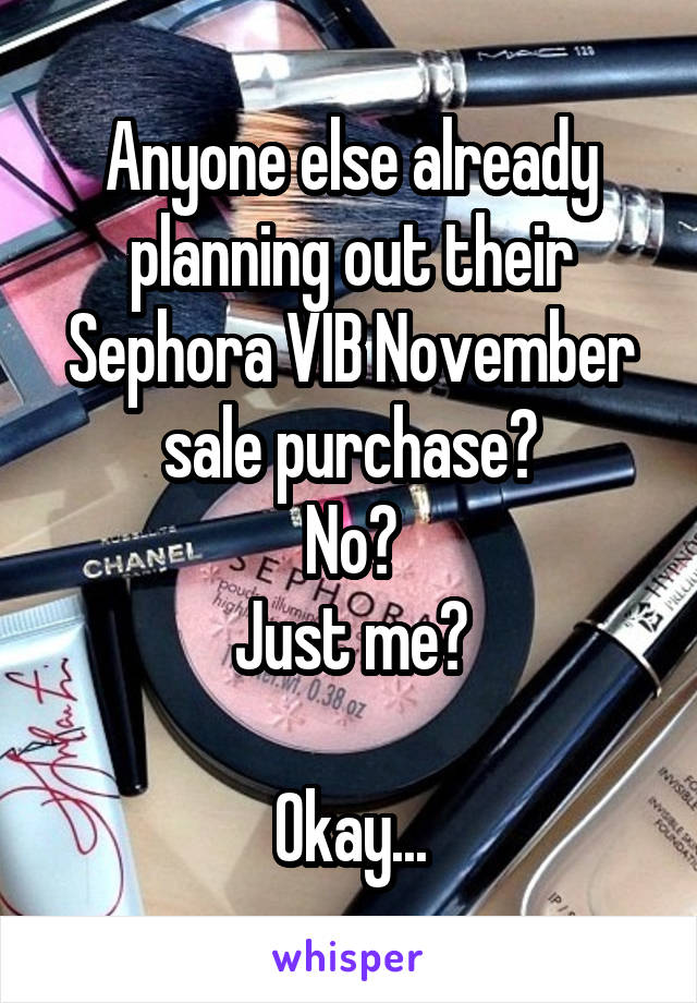 Anyone else already planning out their Sephora VIB November sale purchase?
No?
Just me?

Okay...