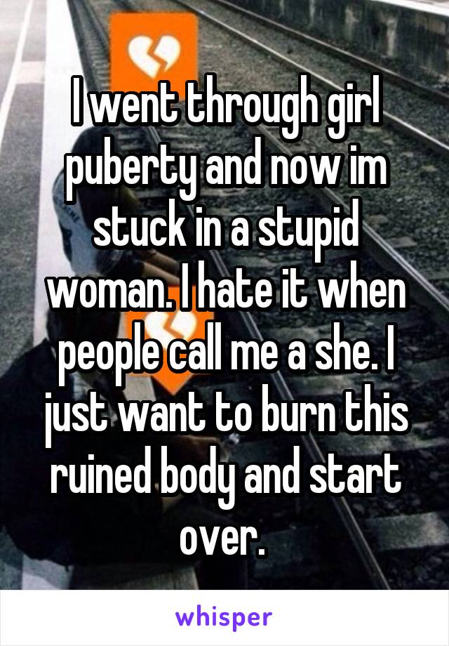 I went through girl puberty and now im stuck in a stupid woman. I hate it when people call me a she. I just want to burn this ruined body and start over. 
