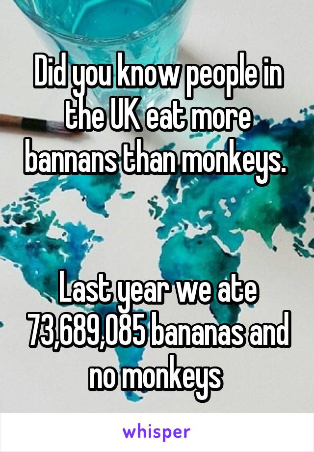 Did you know people in the UK eat more bannans than monkeys. 


Last year we ate 73,689,085 bananas and no monkeys 
