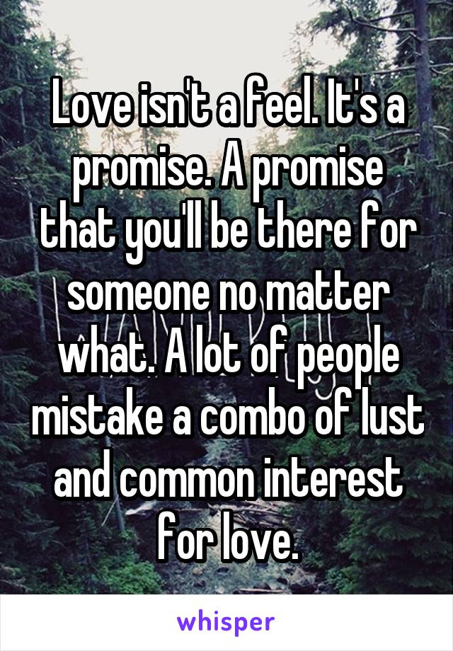 Love isn't a feel. It's a promise. A promise that you'll be there for someone no matter what. A lot of people mistake a combo of lust and common interest for love.
