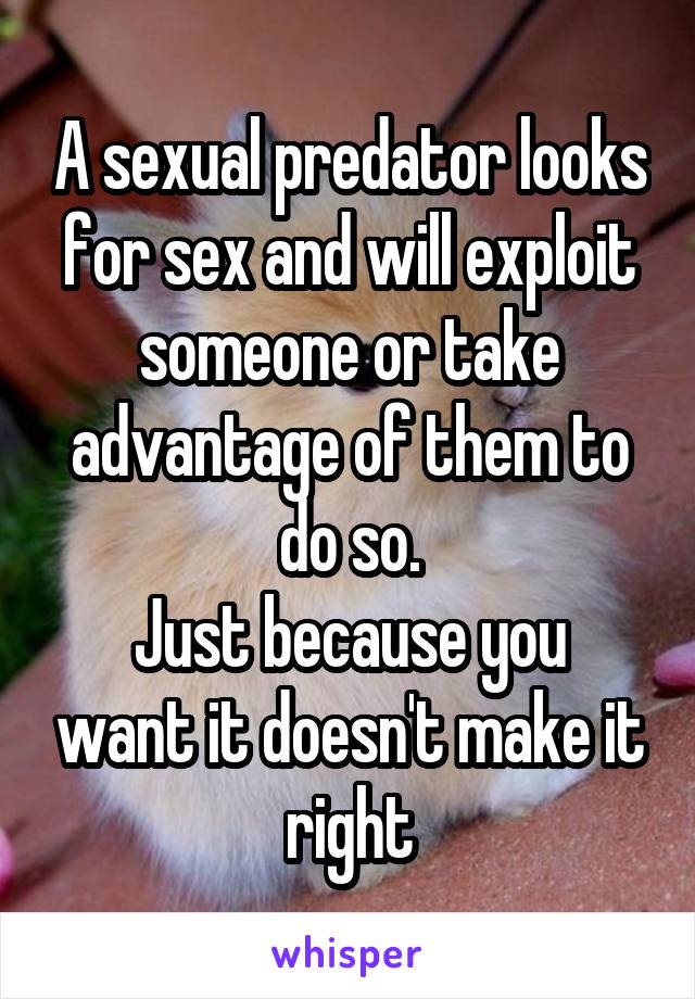 A sexual predator looks for sex and will exploit someone or take advantage of them to do so.
Just because you want it doesn't make it right