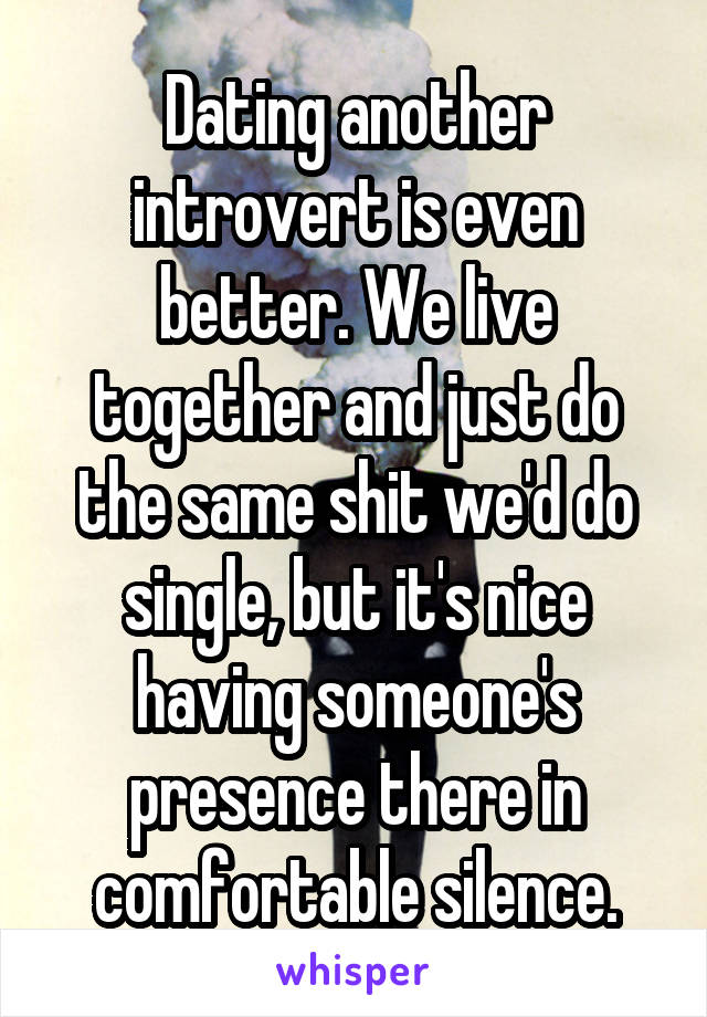 Dating another introvert is even better. We live together and just do the same shit we'd do single, but it's nice having someone's presence there in comfortable silence.