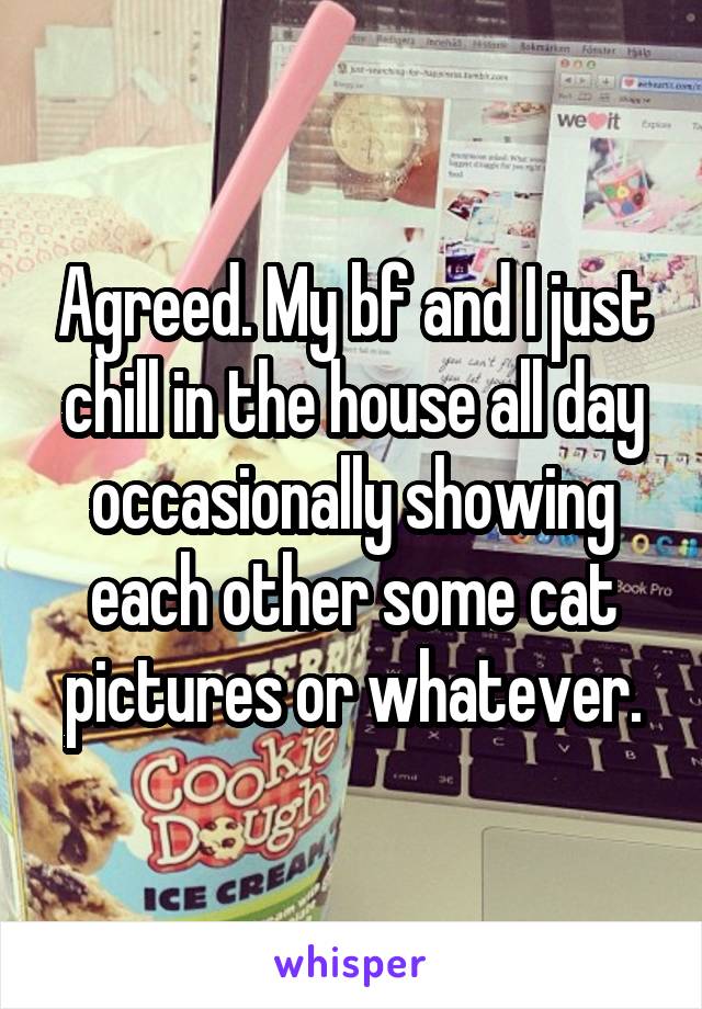 Agreed. My bf and I just chill in the house all day occasionally showing each other some cat pictures or whatever.