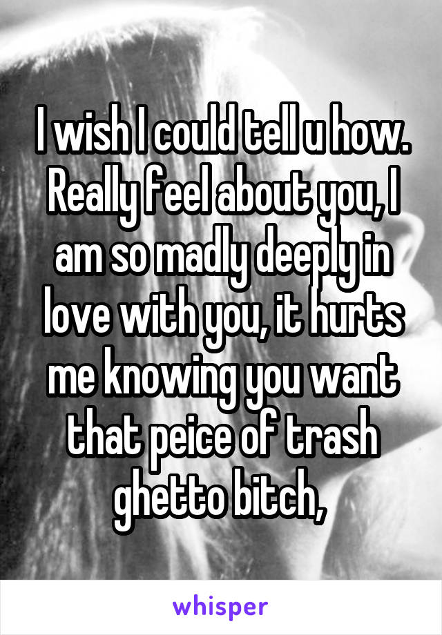 I wish I could tell u how. Really feel about you, I am so madly deeply in love with you, it hurts me knowing you want that peice of trash ghetto bitch, 