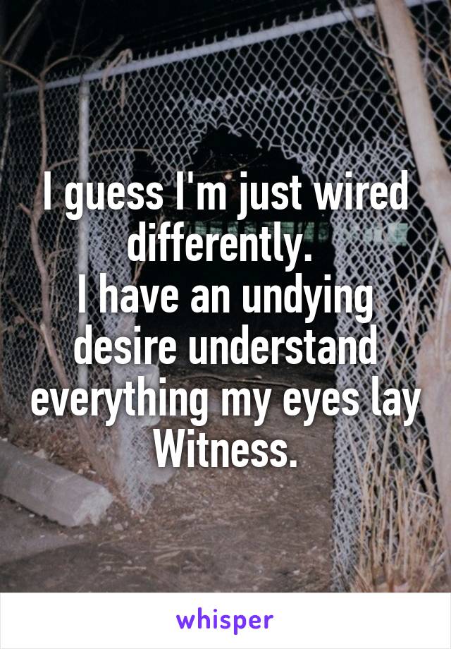 I guess I'm just wired differently. 
I have an undying desire understand everything my eyes lay Witness.
