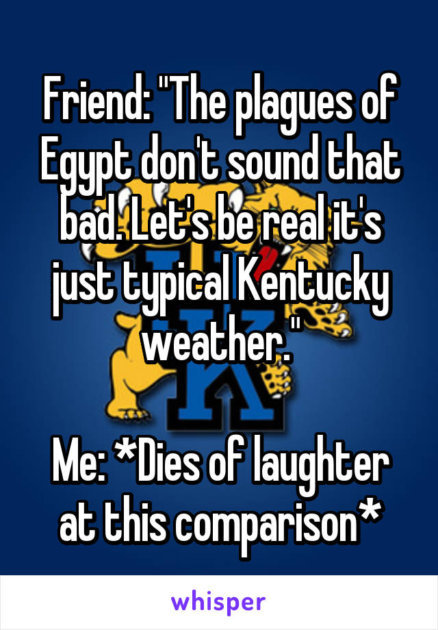 Friend: "The plagues of Egypt don't sound that bad. Let's be real it's just typical Kentucky weather."

Me: *Dies of laughter at this comparison*