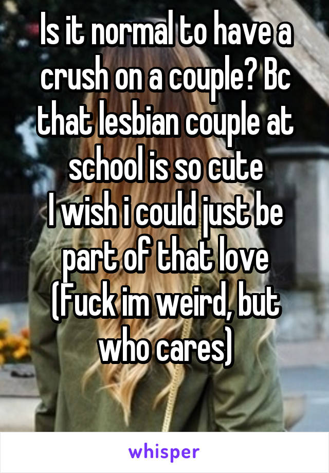 Is it normal to have a crush on a couple? Bc that lesbian couple at school is so cute
I wish i could just be part of that love
(Fuck im weird, but who cares)


