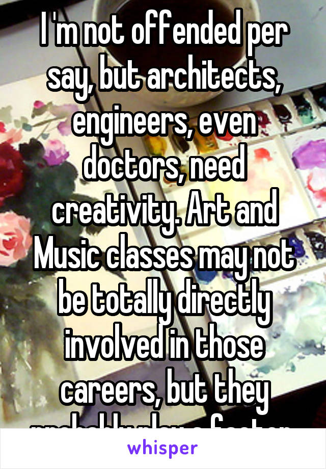 I 'm not offended per say, but architects, engineers, even doctors, need creativity. Art and Music classes may not be totally directly involved in those careers, but they probably play a factor.