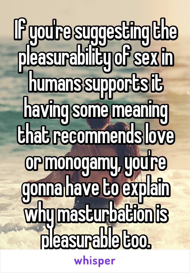 If you're suggesting the pleasurability of sex in humans supports it having some meaning that recommends love or monogamy, you're gonna have to explain why masturbation is pleasurable too.