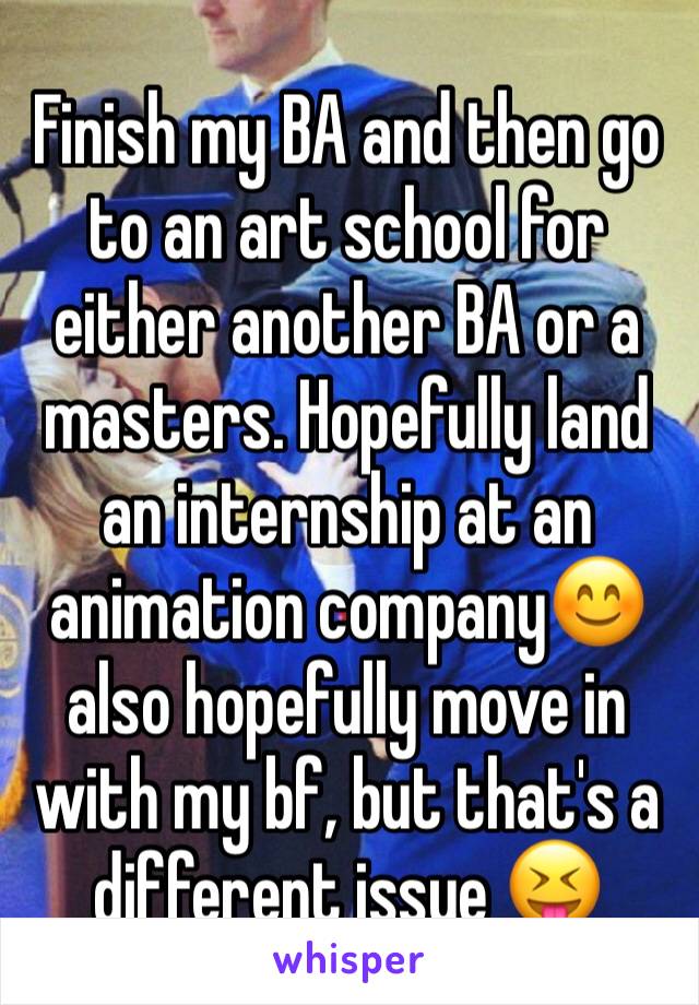 Finish my BA and then go to an art school for either another BA or a masters. Hopefully land an internship at an animation company😊 also hopefully move in with my bf, but that's a different issue 😝