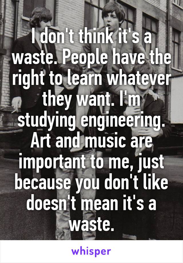 I don't think it's a waste. People have the right to learn whatever they want. I'm studying engineering. Art and music are important to me, just because you don't like doesn't mean it's a waste.