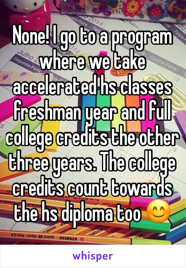 None! I go to a program where we take accelerated hs classes freshman year and full college credits the other three years. The college credits count towards the hs diploma too 😊