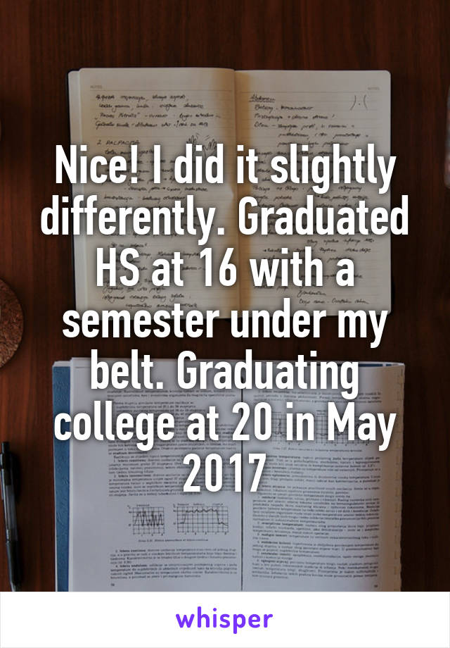 Nice! I did it slightly differently. Graduated HS at 16 with a semester under my belt. Graduating college at 20 in May 2017