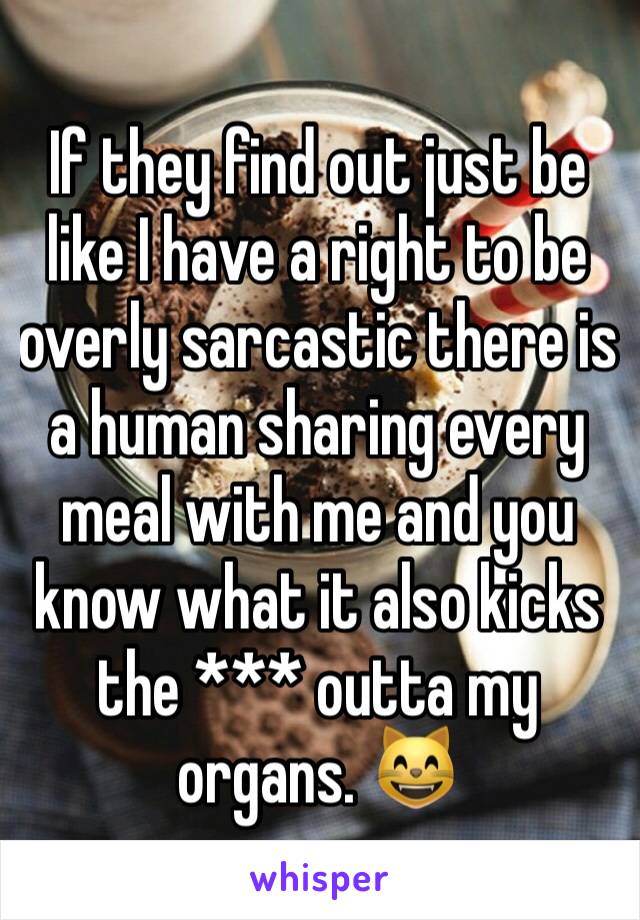 If they find out just be like I have a right to be overly sarcastic there is a human sharing every meal with me and you know what it also kicks the *** outta my organs. 😸
