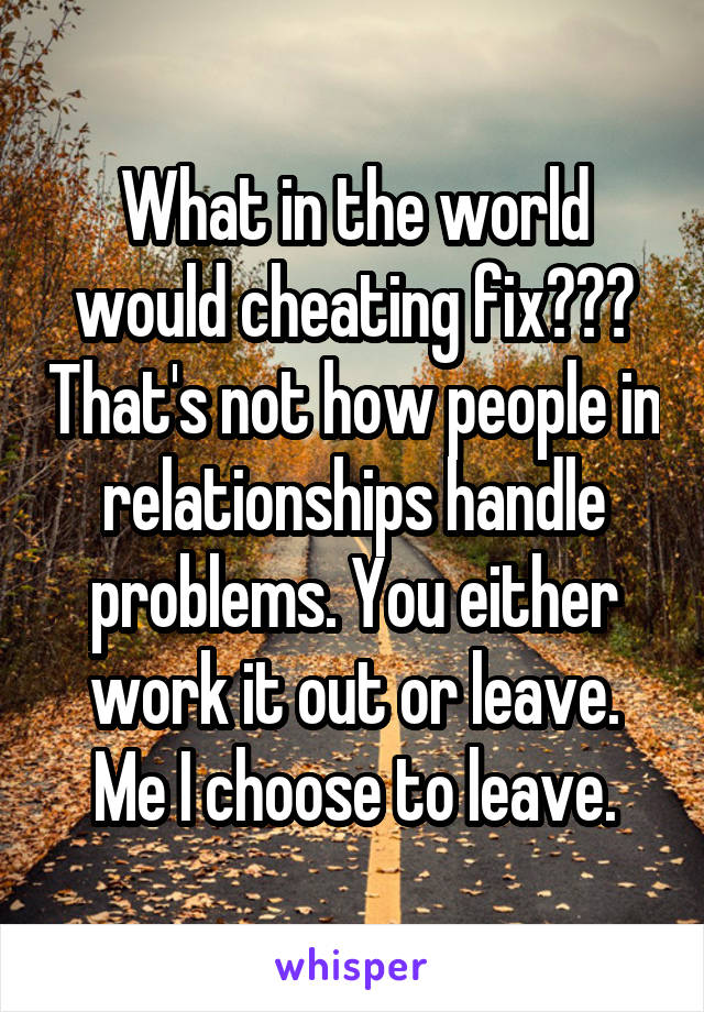 What in the world would cheating fix??? That's not how people in relationships handle problems. You either work it out or leave. Me I choose to leave.