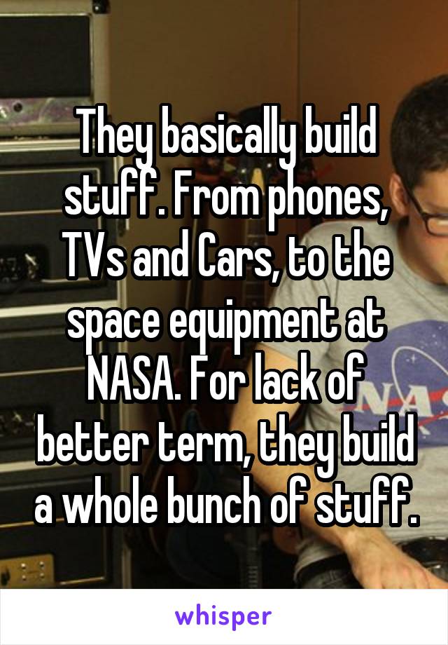 They basically build stuff. From phones, TVs and Cars, to the space equipment at NASA. For lack of better term, they build a whole bunch of stuff.