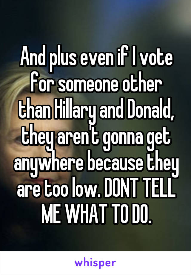 And plus even if I vote for someone other than Hillary and Donald, they aren't gonna get anywhere because they are too low. DONT TELL ME WHAT TO DO.