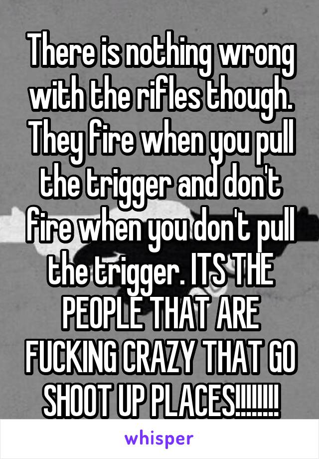 There is nothing wrong with the rifles though. They fire when you pull the trigger and don't fire when you don't pull the trigger. ITS THE PEOPLE THAT ARE FUCKING CRAZY THAT GO SHOOT UP PLACES!!!!!!!!