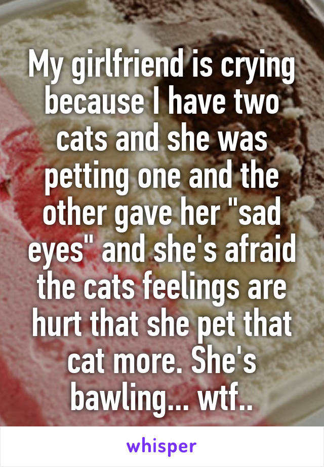 My girlfriend is crying because I have two cats and she was petting one and the other gave her "sad eyes" and she's afraid the cats feelings are hurt that she pet that cat more. She's bawling... wtf..