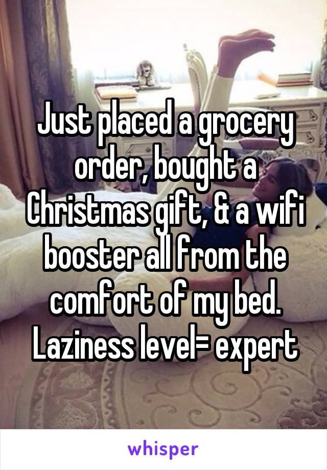 Just placed a grocery order, bought a Christmas gift, & a wifi booster all from the comfort of my bed. Laziness level= expert