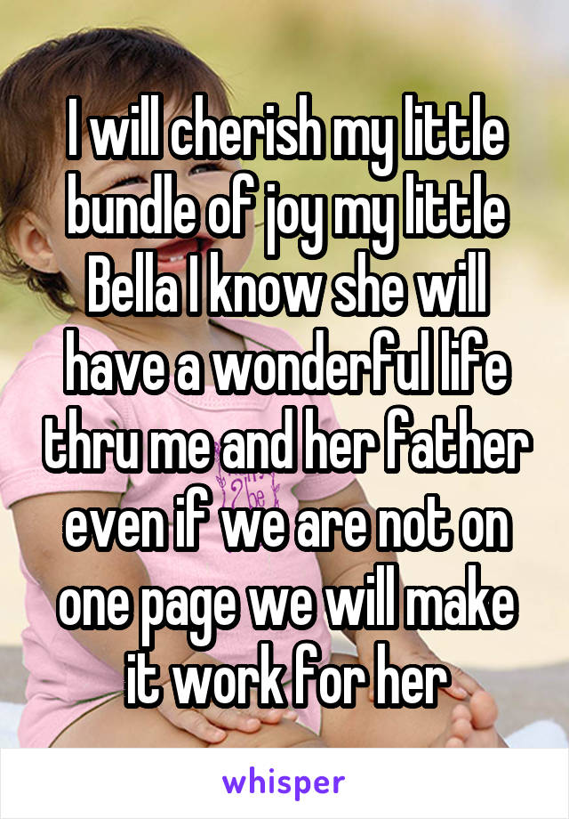 I will cherish my little bundle of joy my little Bella I know she will have a wonderful life thru me and her father even if we are not on one page we will make it work for her