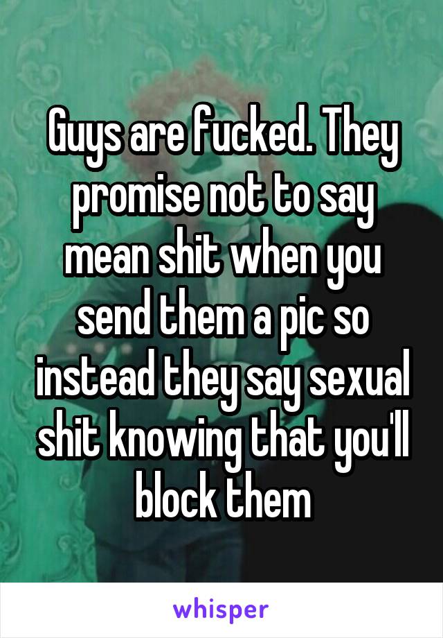 Guys are fucked. They promise not to say mean shit when you send them a pic so instead they say sexual shit knowing that you'll block them