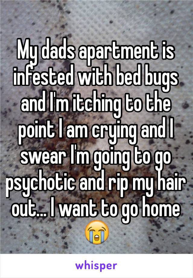 My dads apartment is infested with bed bugs and I'm itching to the point I am crying and I swear I'm going to go psychotic and rip my hair out... I want to go home 😭