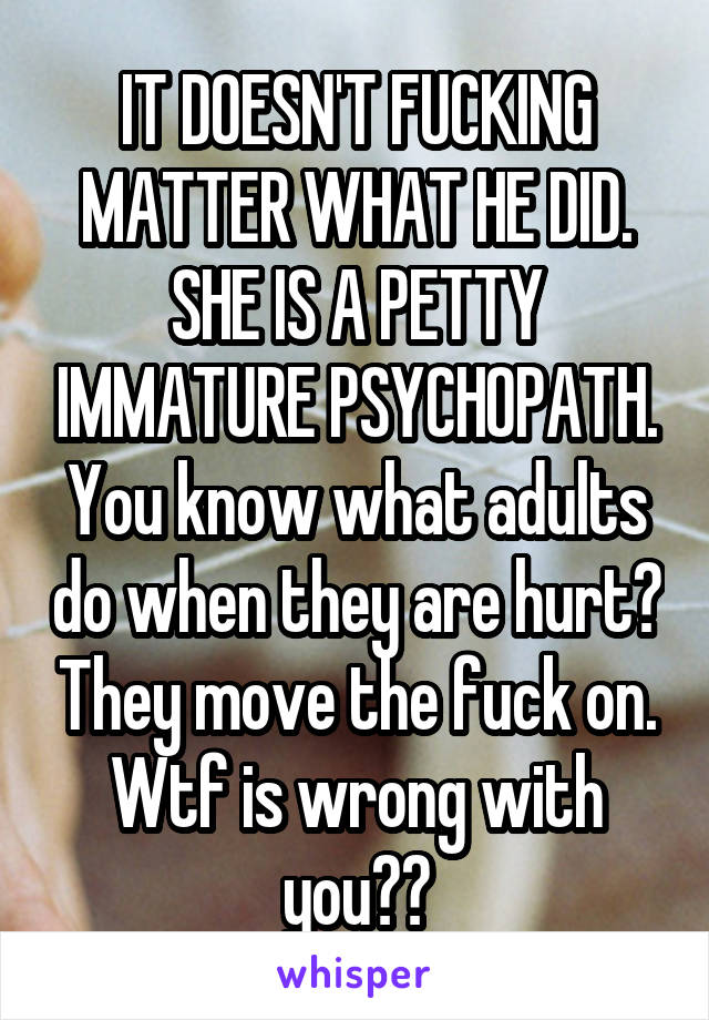 IT DOESN'T FUCKING MATTER WHAT HE DID. SHE IS A PETTY IMMATURE PSYCHOPATH.
You know what adults do when they are hurt? They move the fuck on. Wtf is wrong with you??