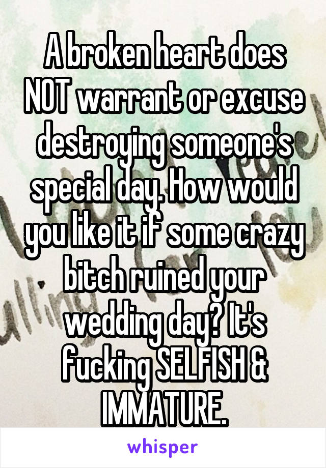 A broken heart does NOT warrant or excuse destroying someone's special day. How would you like it if some crazy bitch ruined your wedding day? It's fucking SELFISH & IMMATURE.