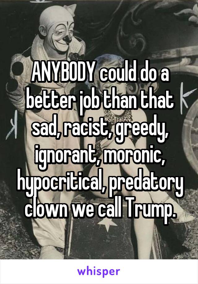 ANYBODY could do a better job than that sad, racist, greedy, ignorant, moronic, hypocritical, predatory clown we call Trump.