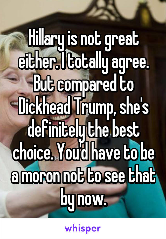 Hillary is not great either. I totally agree. But compared to Dickhead Trump, she's definitely the best choice. You'd have to be a moron not to see that by now.