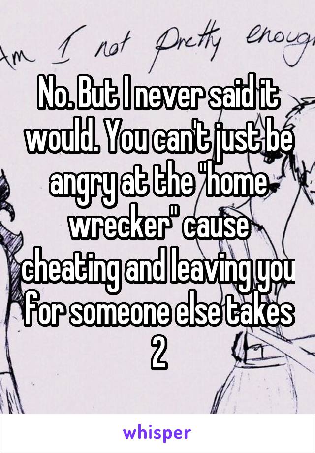 No. But I never said it would. You can't just be angry at the "home wrecker" cause cheating and leaving you for someone else takes 2