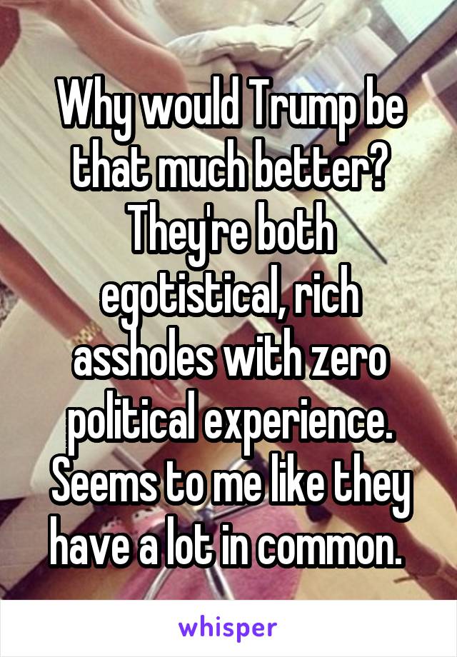 Why would Trump be that much better? They're both egotistical, rich assholes with zero political experience. Seems to me like they have a lot in common. 