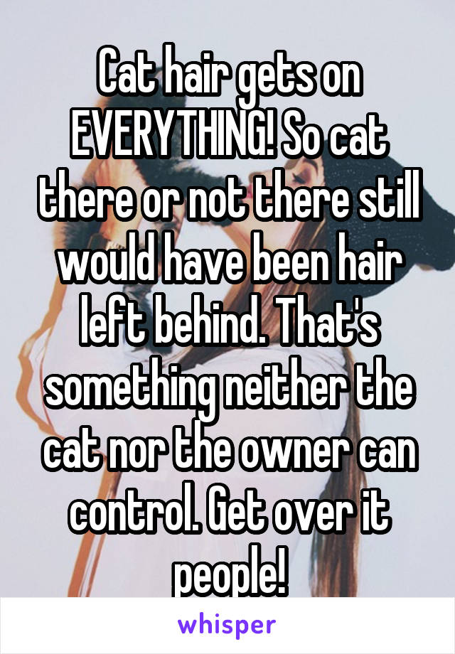 Cat hair gets on EVERYTHING! So cat there or not there still would have been hair left behind. That's something neither the cat nor the owner can control. Get over it people!