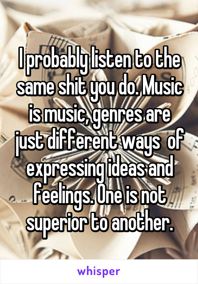 I probably listen to the same shit you do. Music is music, genres are just different ways  of expressing ideas and feelings. One is not superior to another.