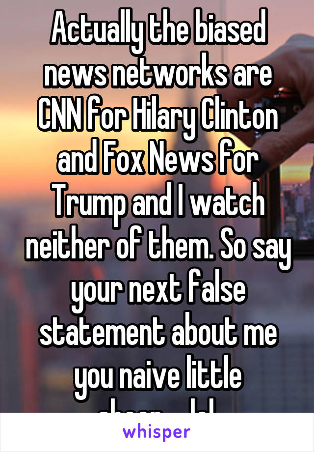 Actually the biased news networks are CNN for Hilary Clinton and Fox News for Trump and I watch neither of them. So say your next false statement about me you naive little sheep.....lol.