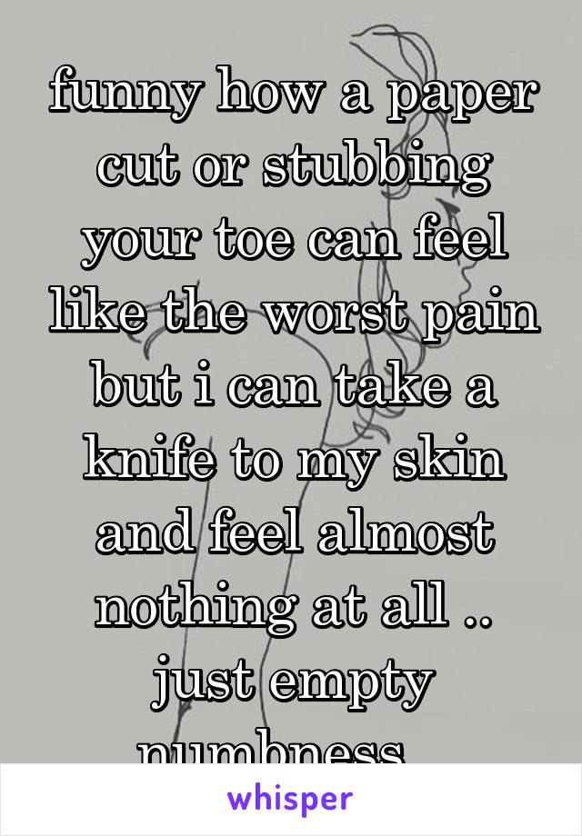 funny how a paper cut or stubbing your toe can feel like the worst pain but i can take a knife to my skin and feel almost nothing at all .. just empty numbness...