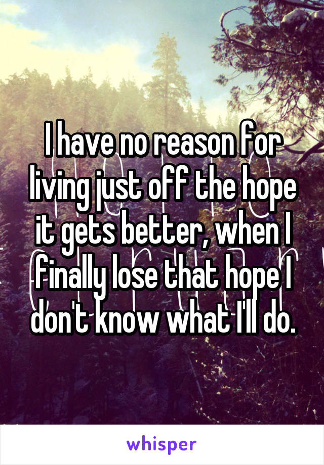 I have no reason for living just off the hope it gets better, when I finally lose that hope I don't know what I'll do.